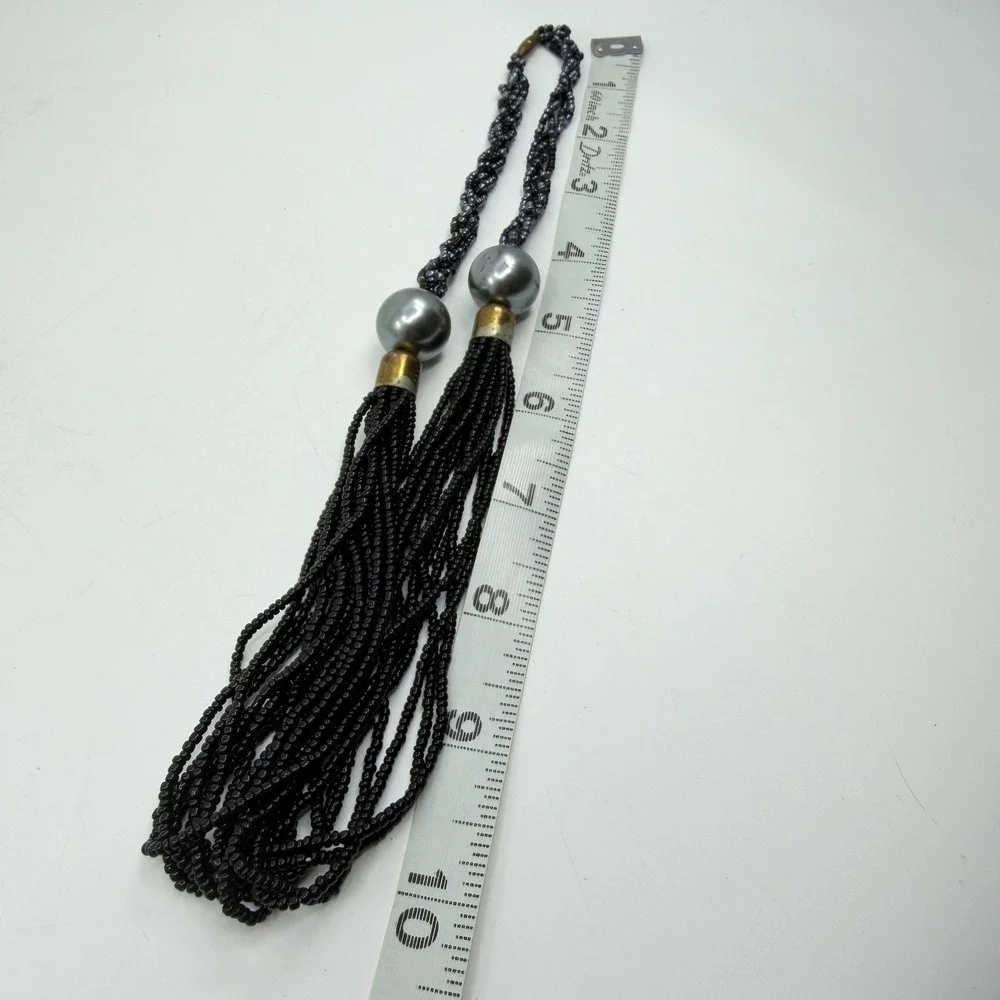 Necklace Black Seed Bead Multi Strand Gray Faux Pearl Boho Statement Collar Gold
